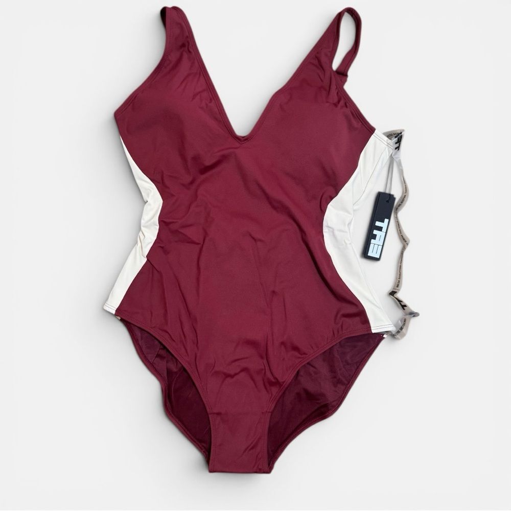 TA3 "Plungey Contour" One piece Swimsuit - DARK CHERRY/OAT - size XSmall, XLong